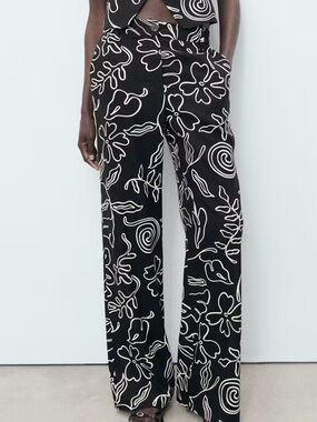 Mango Black Pants with White Abstract Print FLORAL-PRINT LINEN-BLEND PANTS 1167